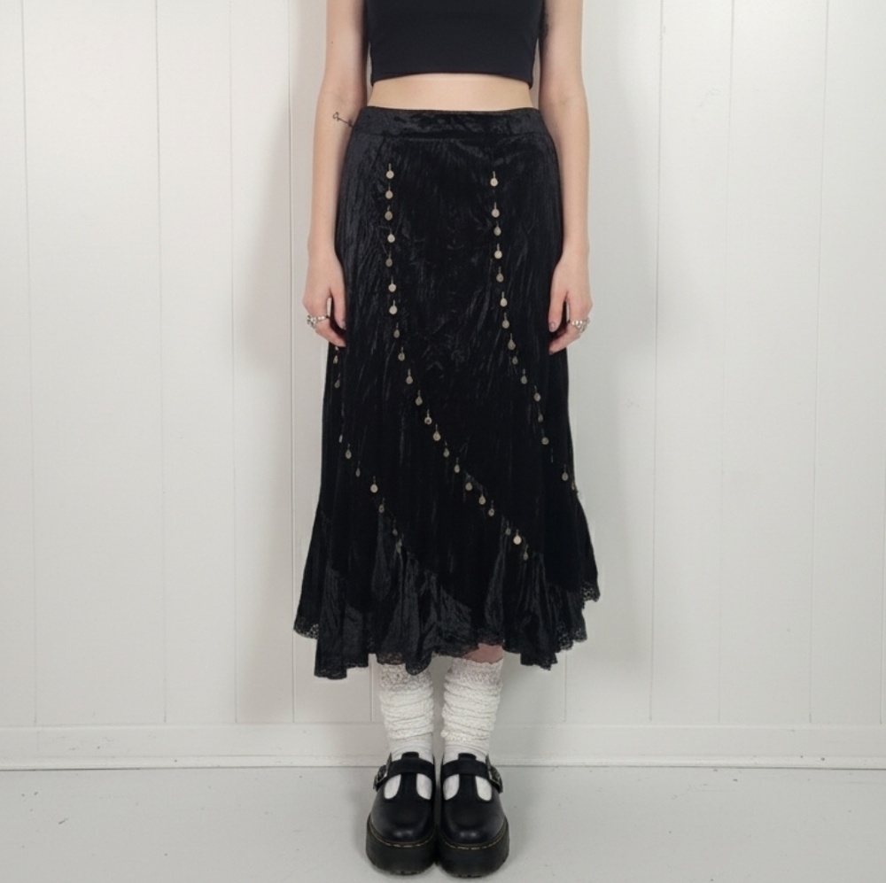 Vintage 90s Black Velvet Sequins Beaded Broomstick Skirt 1990s Whimsigoth Large